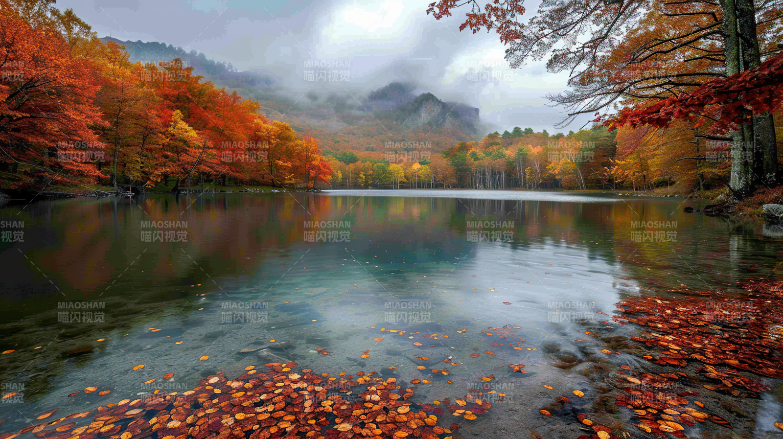 秋湖映彩林图片