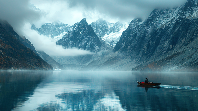 雪山湖影独舟行图片