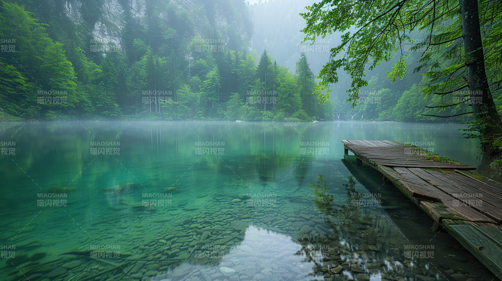 碧湖晨雾静谧景图片