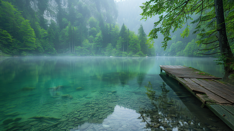 碧湖晨雾静谧景图片