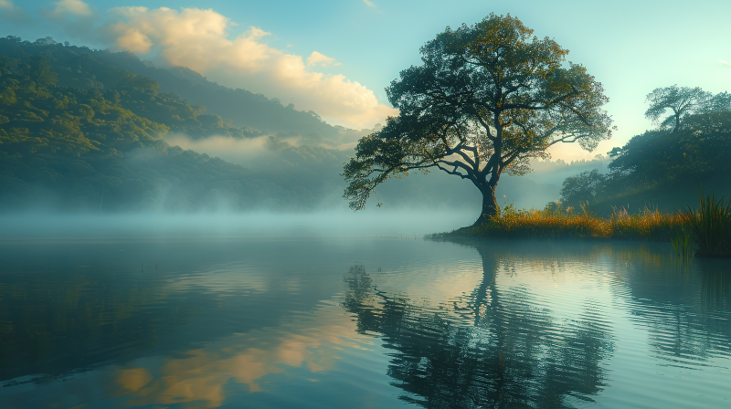 湖畔孤树晨雾图片