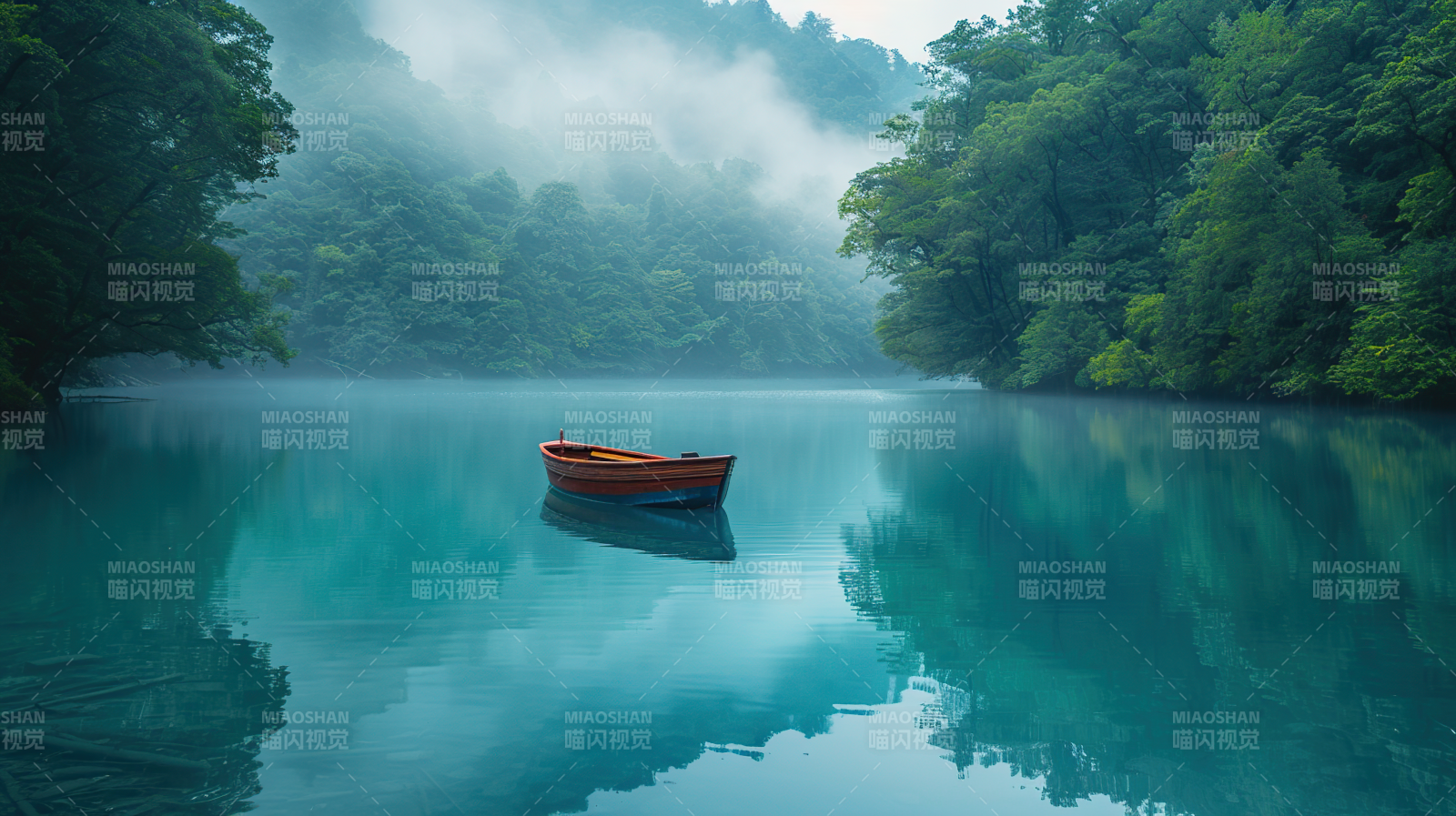 雾湖孤舟图片