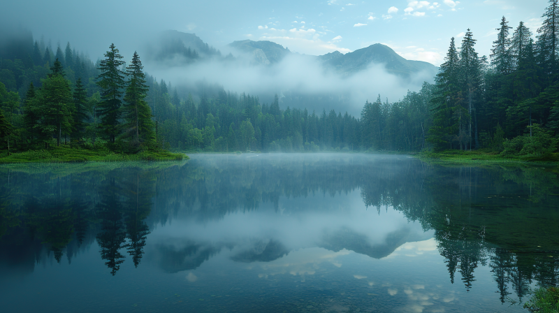 雾锁湖山静谧景图片