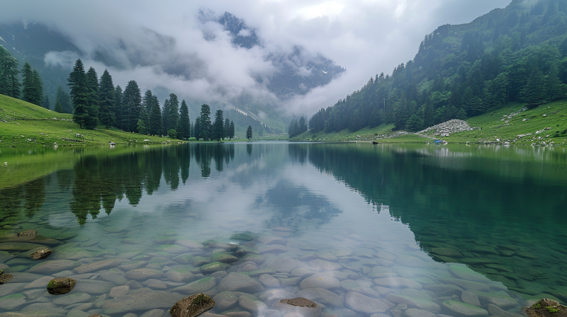 湖光山色云雾缭绕图片