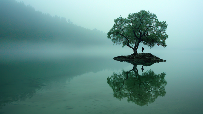 孤树映湖心图片