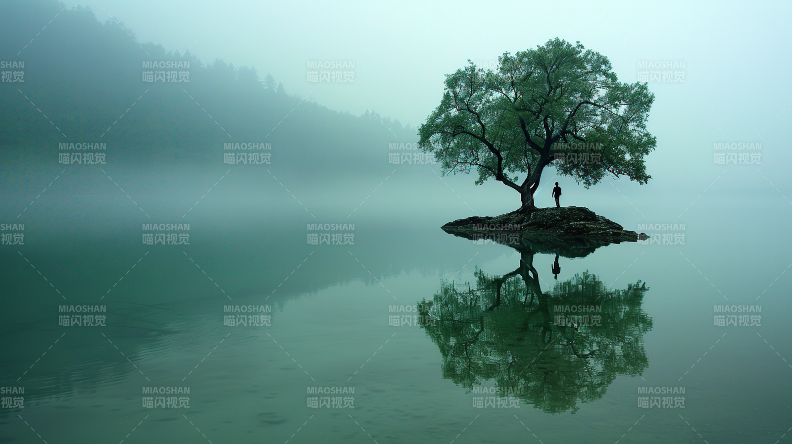 孤树映湖心图片