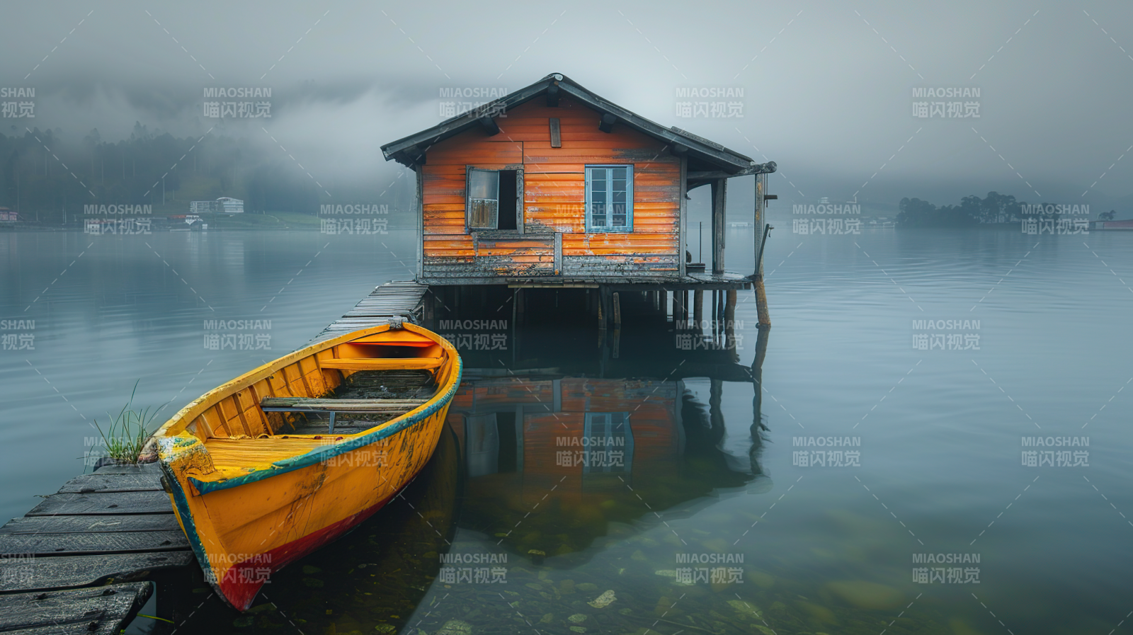 湖畔小屋与黄舟图片