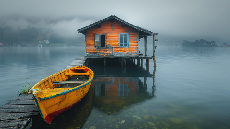 湖畔小屋与黄舟图片