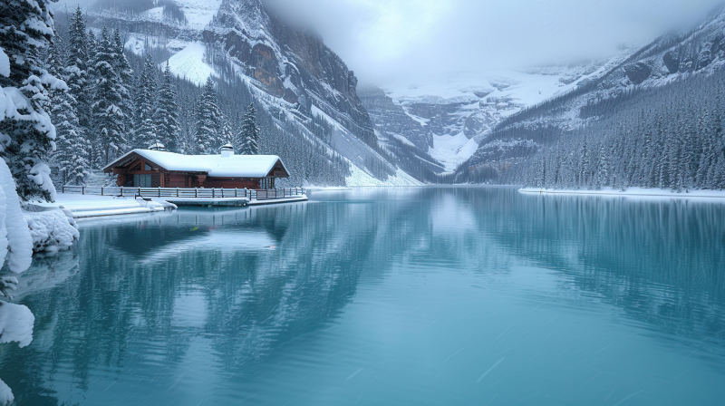 雪湖木屋静谧冬景图片