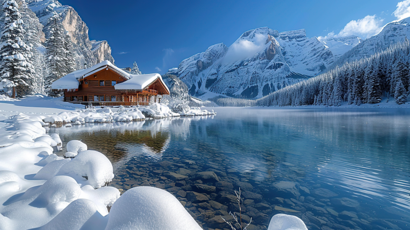 雪湖木屋静谧冬景图片