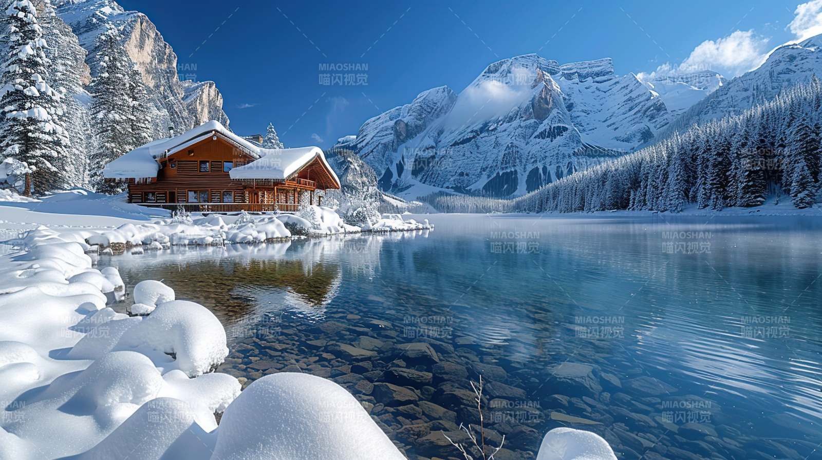 雪湖木屋静谧冬景图片