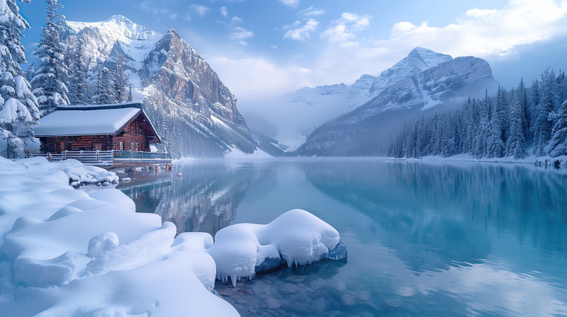 雪湖静谧山居图图片