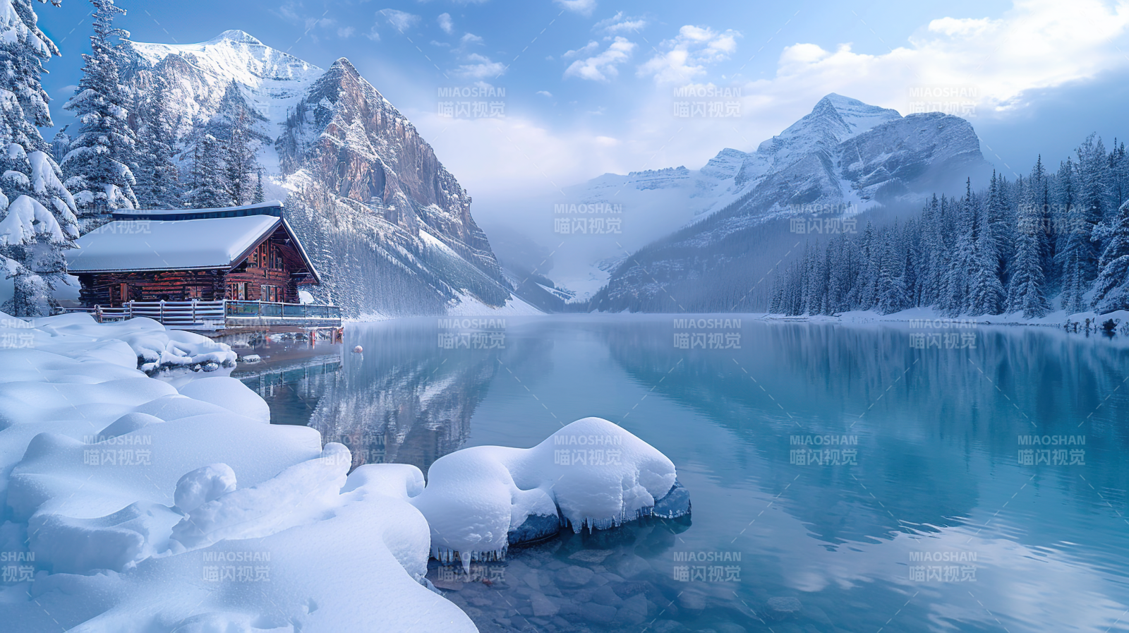 雪湖静谧山居图图片