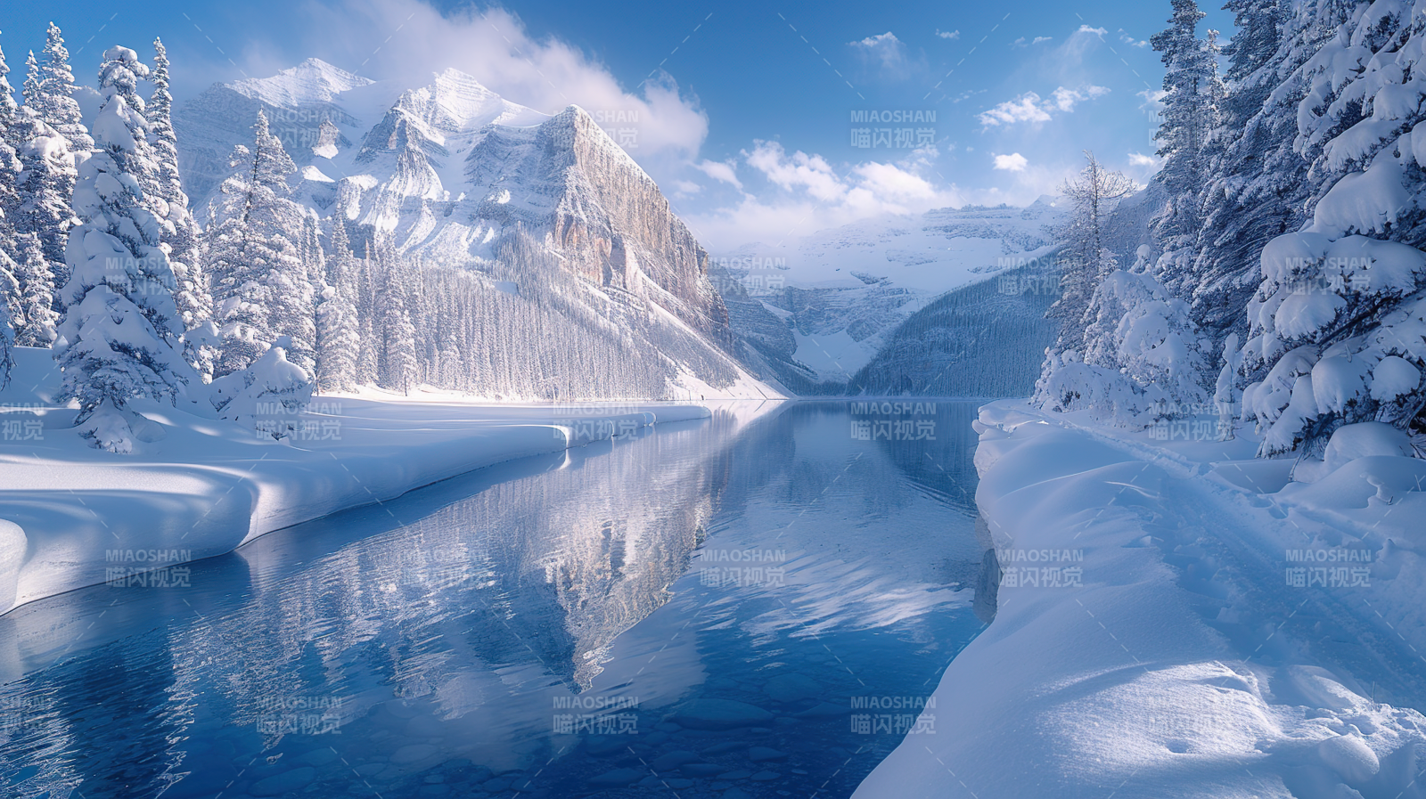 雪湖映山图片