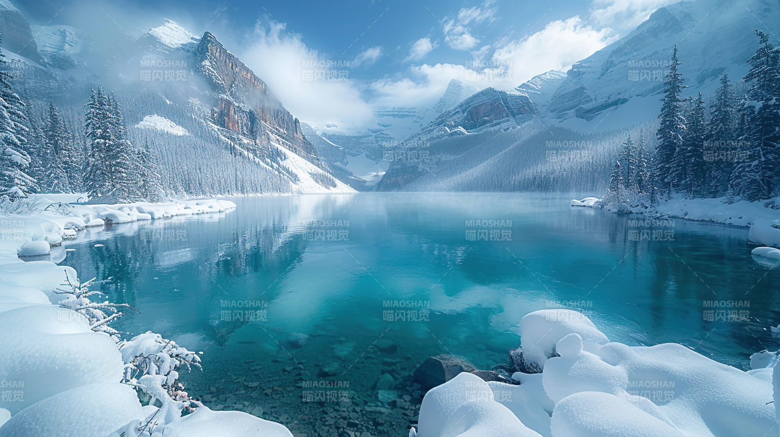 雪湖映山 静谧冬景图片