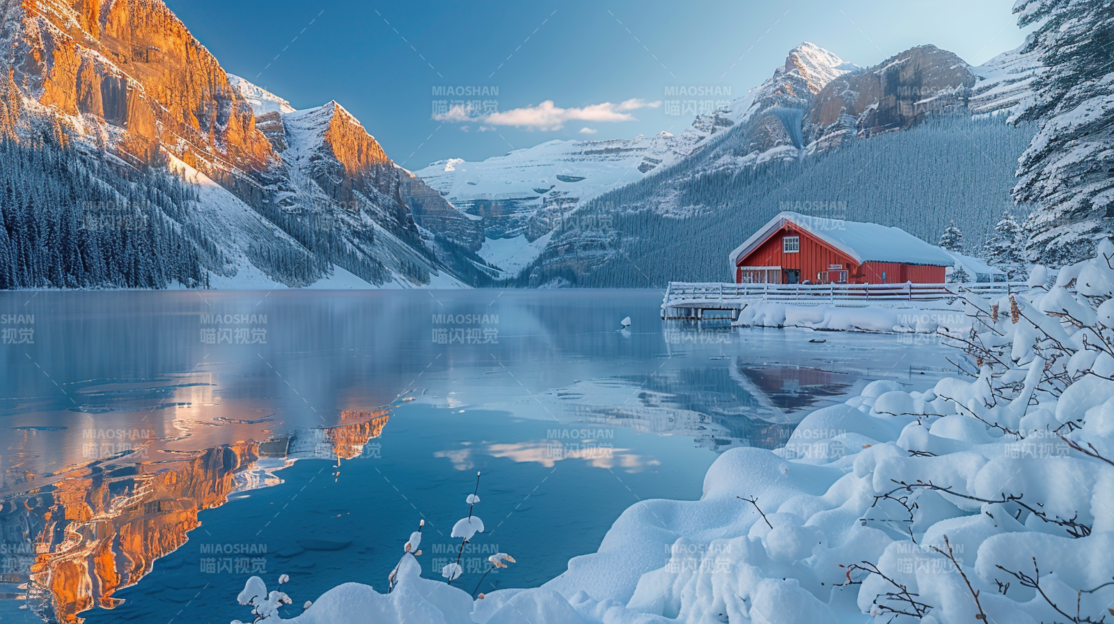雪湖红屋映山景图片