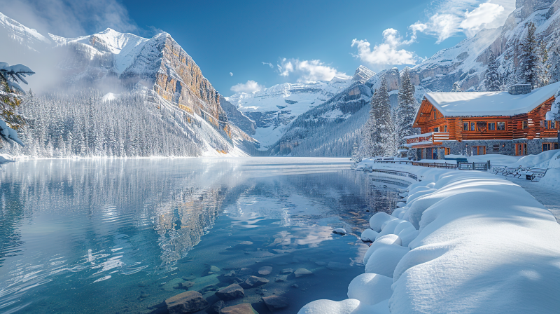 雪山湖畔木屋图片