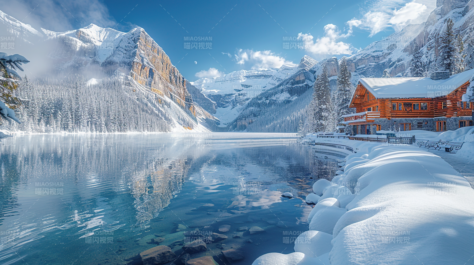 雪山湖畔木屋图片