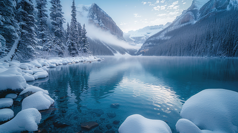雪湖静谧山影图片