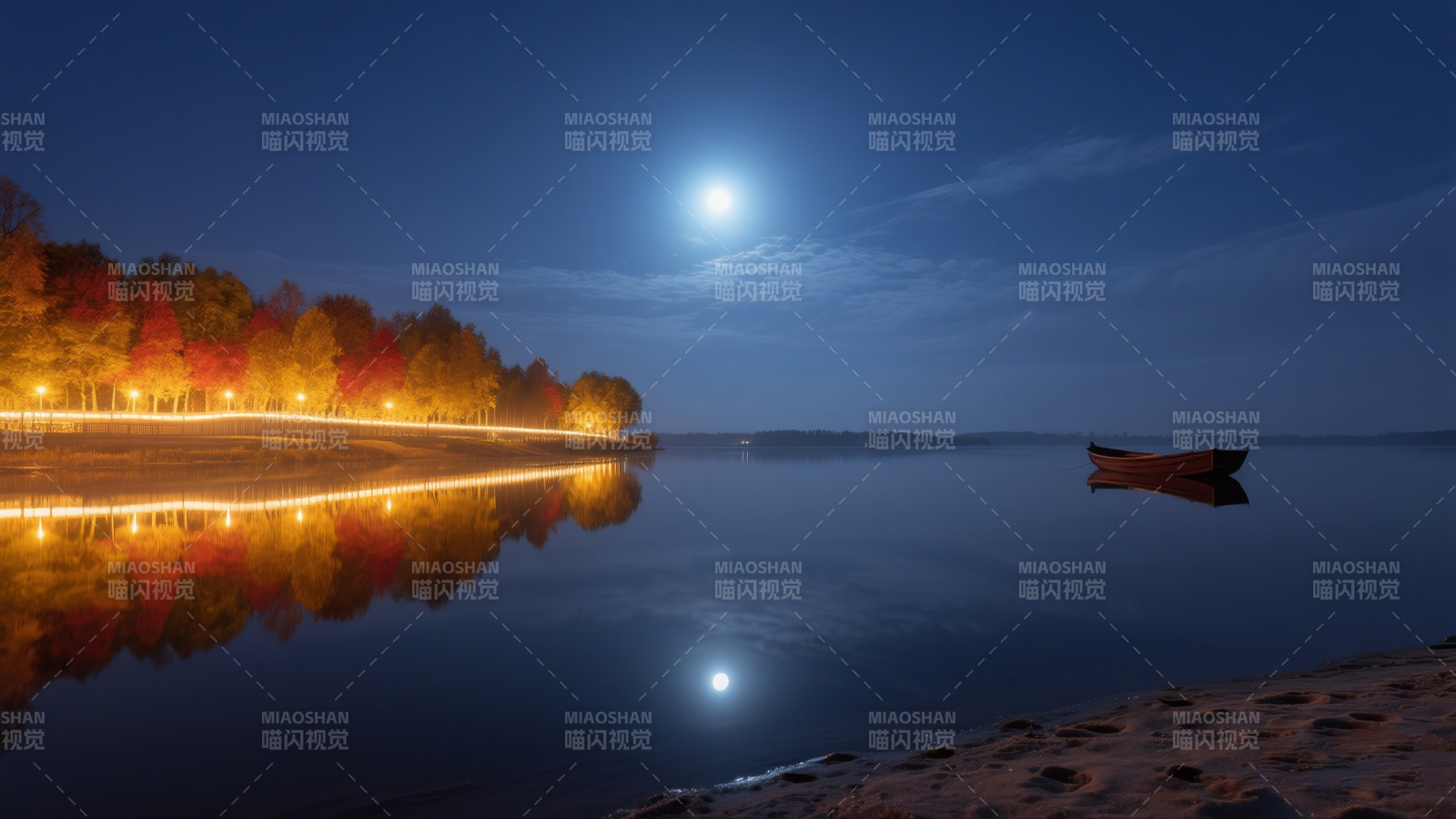 月夜湖畔静谧景图片