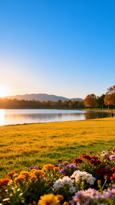 湖畔秋色 花影斜阳图片
