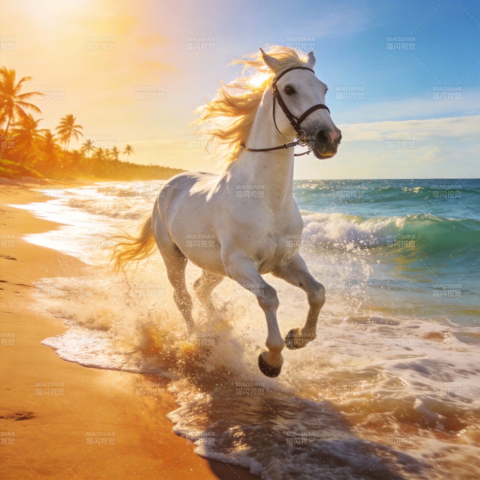 白马奔腾海滩图片