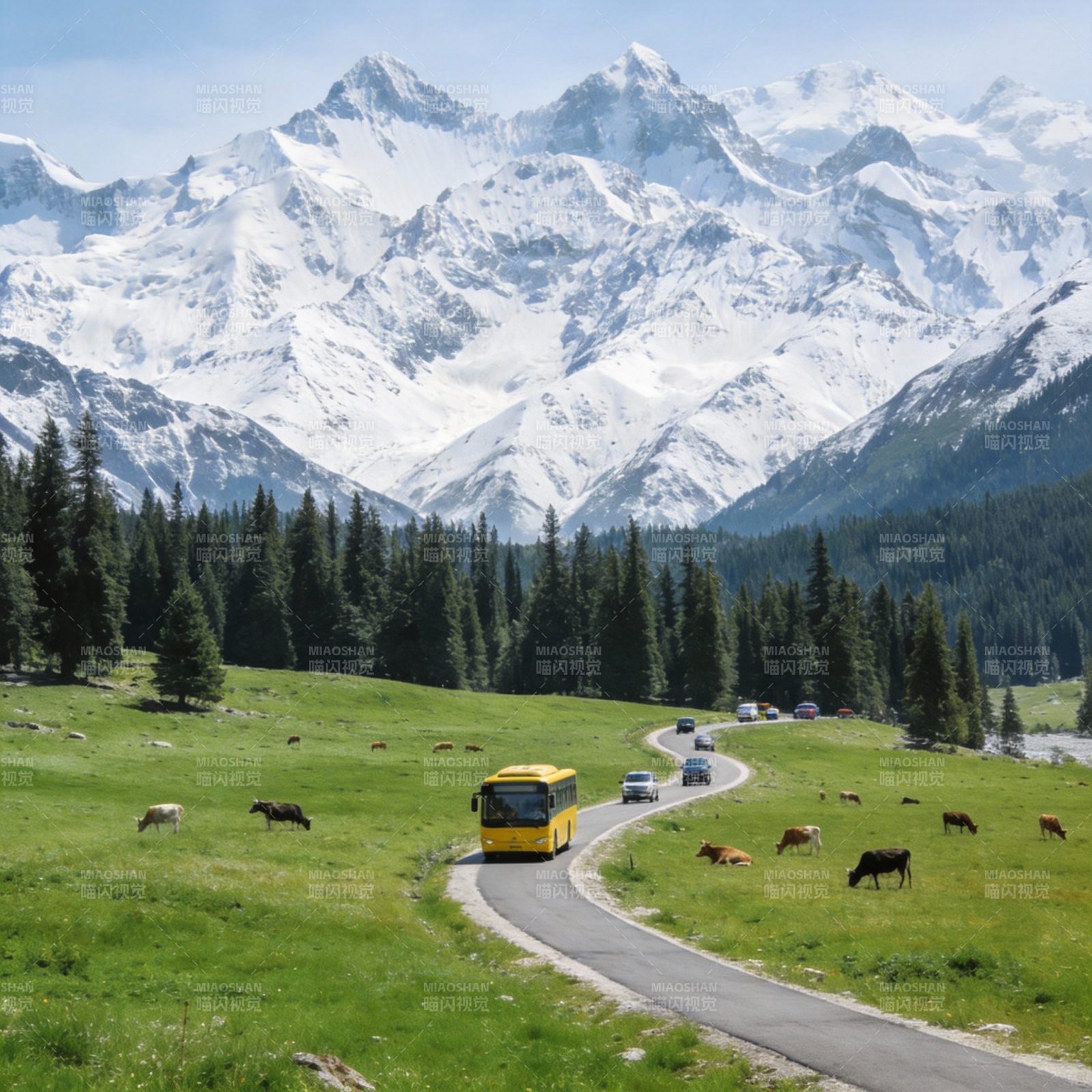 雪山草原巴士行图片