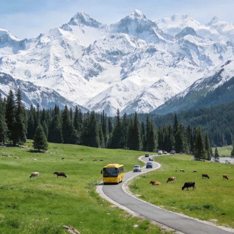 雪山草原巴士行图片