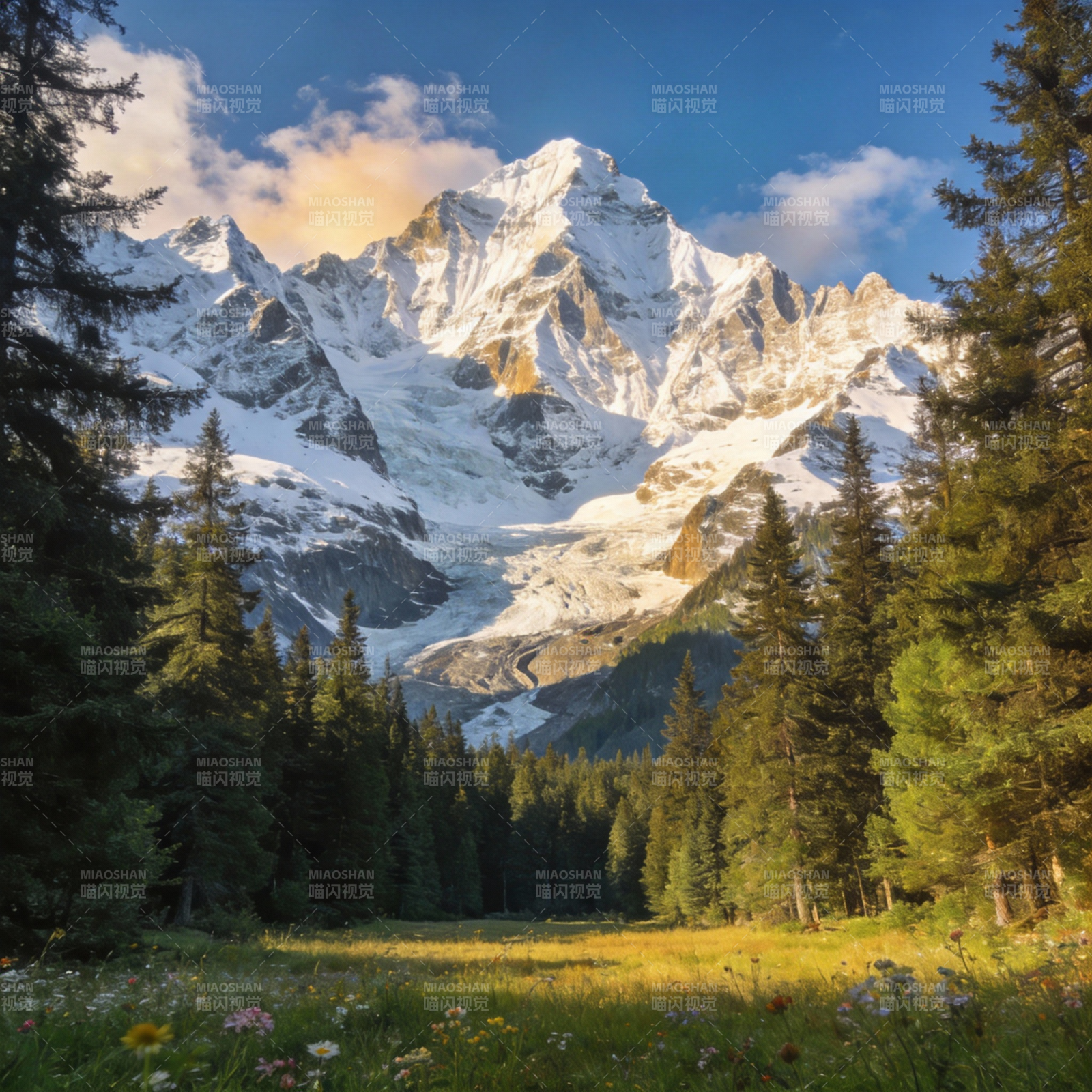 雪山林间春景图片