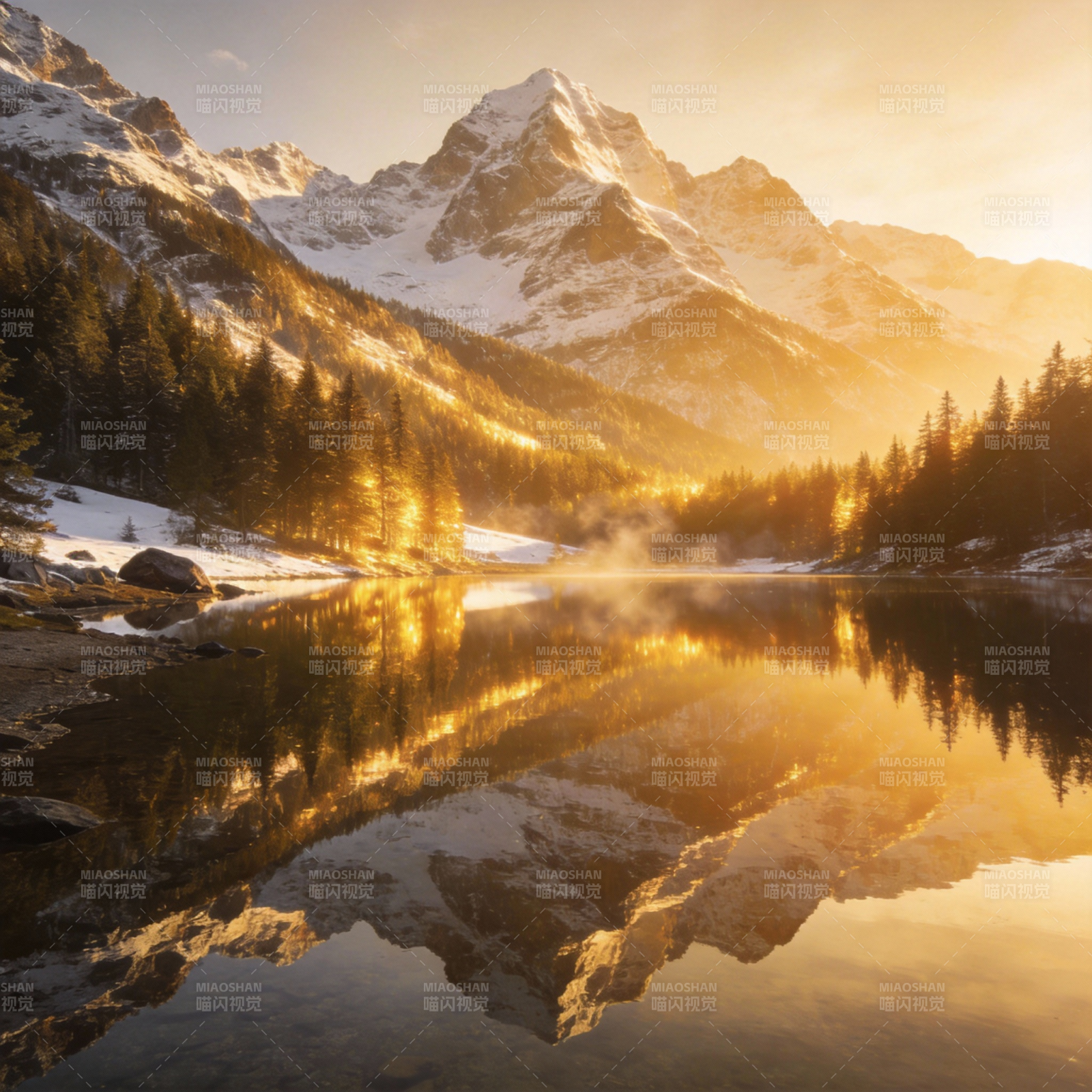 雪山湖光映晨曦图片