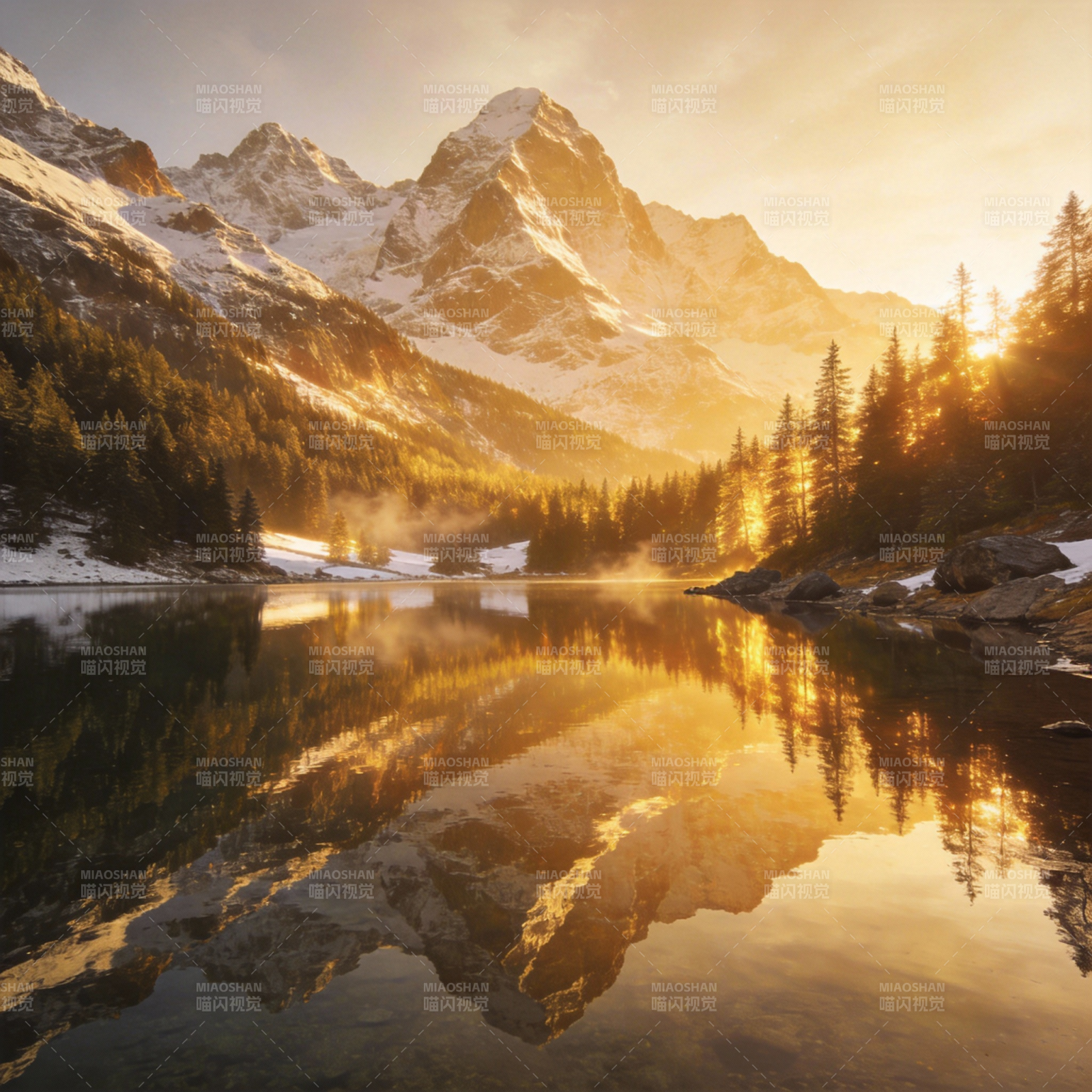 雪山湖光晨曦图片