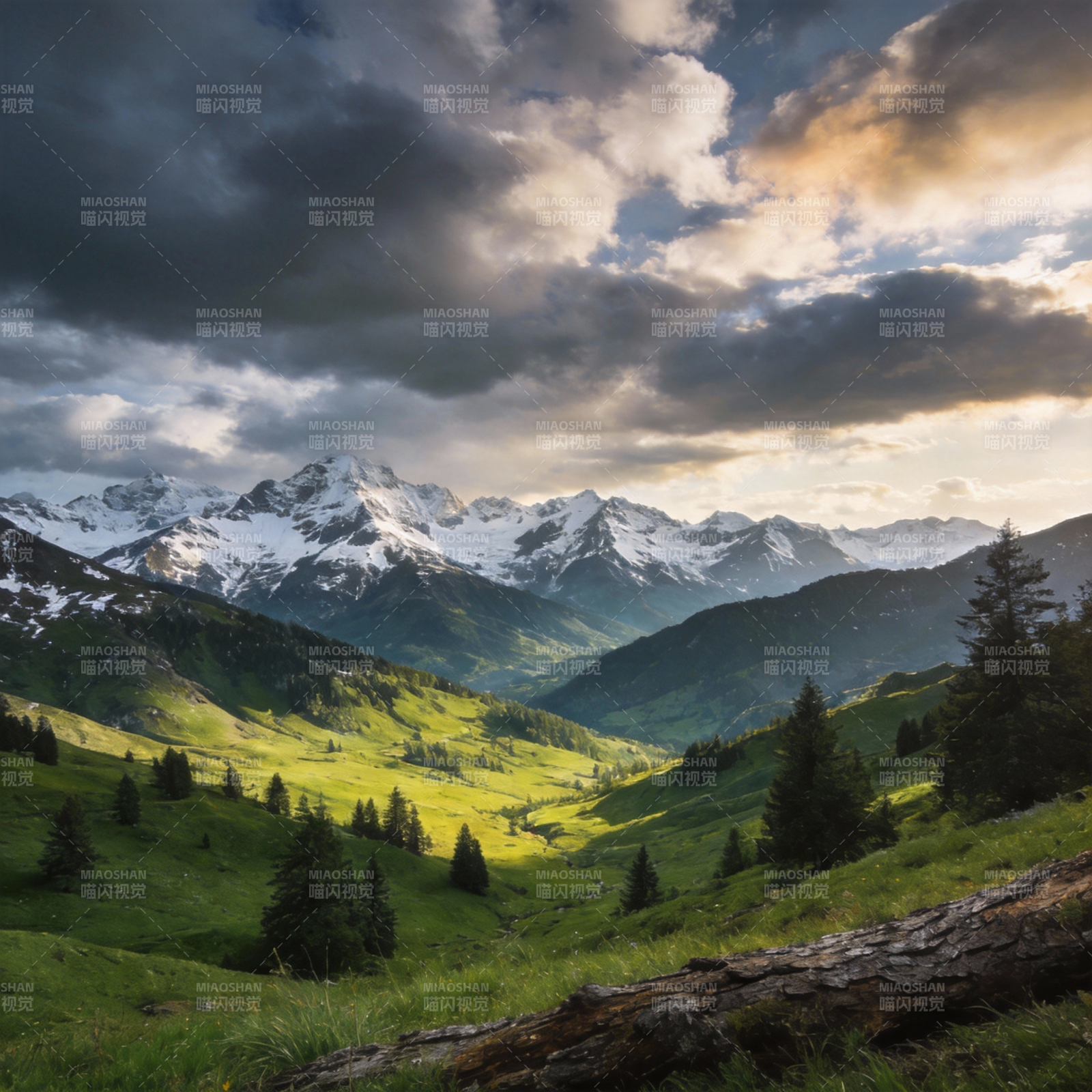 雪山绿谷云影图片