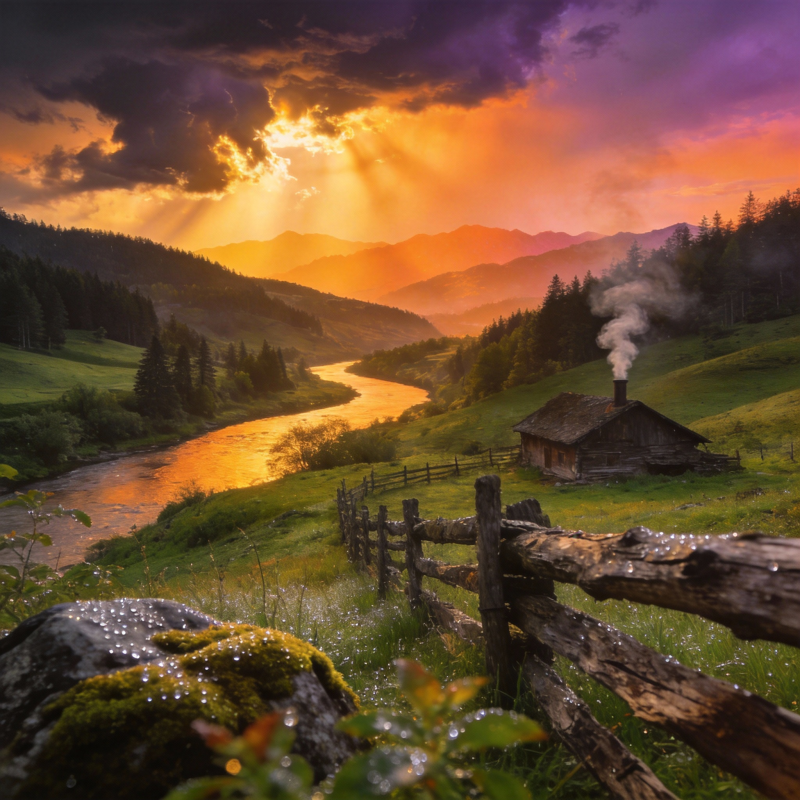 山间暮色小屋图片