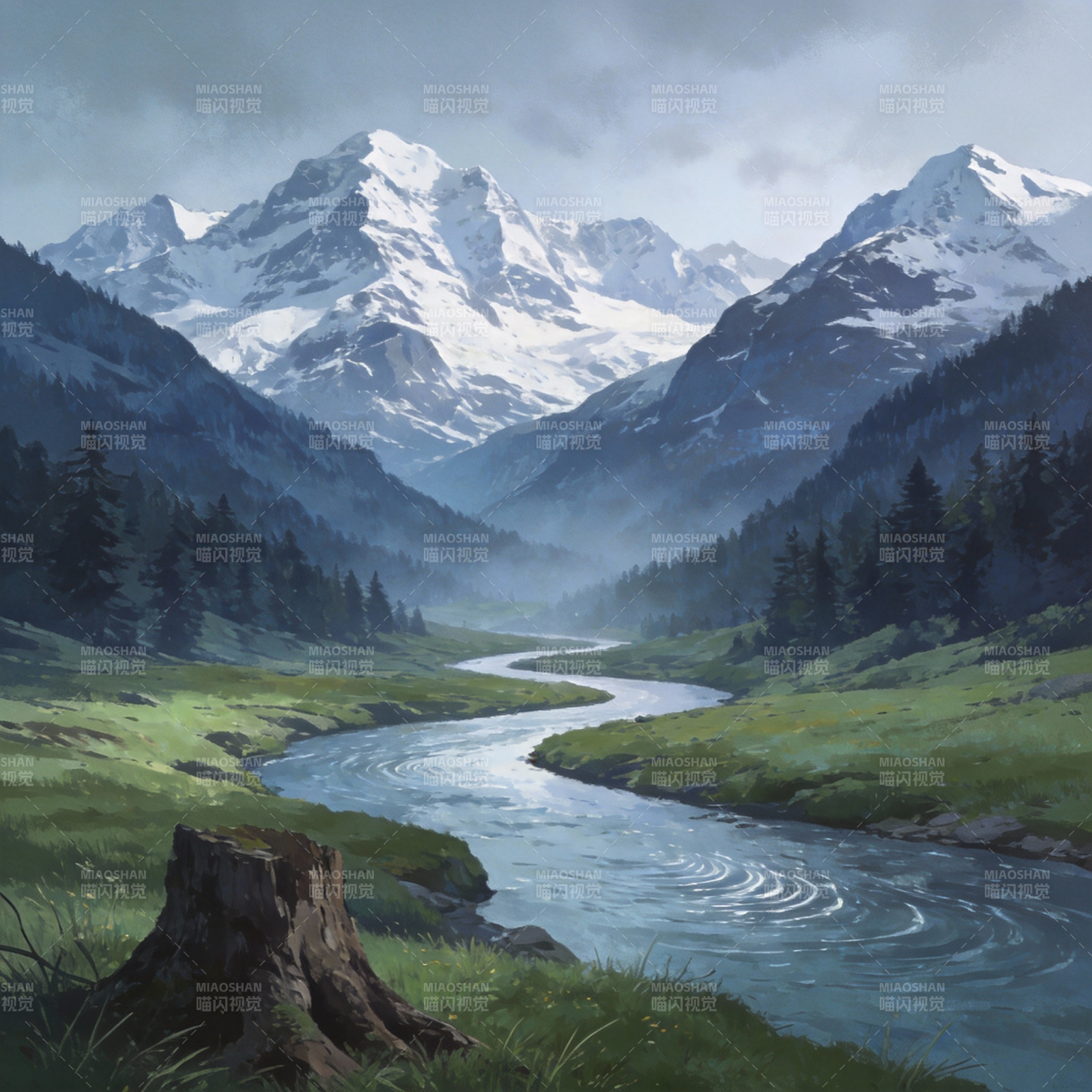 雪山溪谷静谧景图片