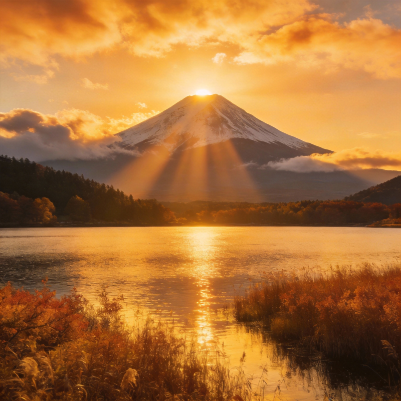 富士山日出湖景图片