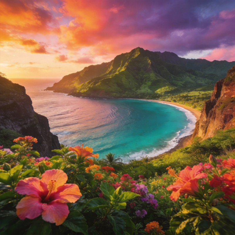 热带海湾日落美景图片