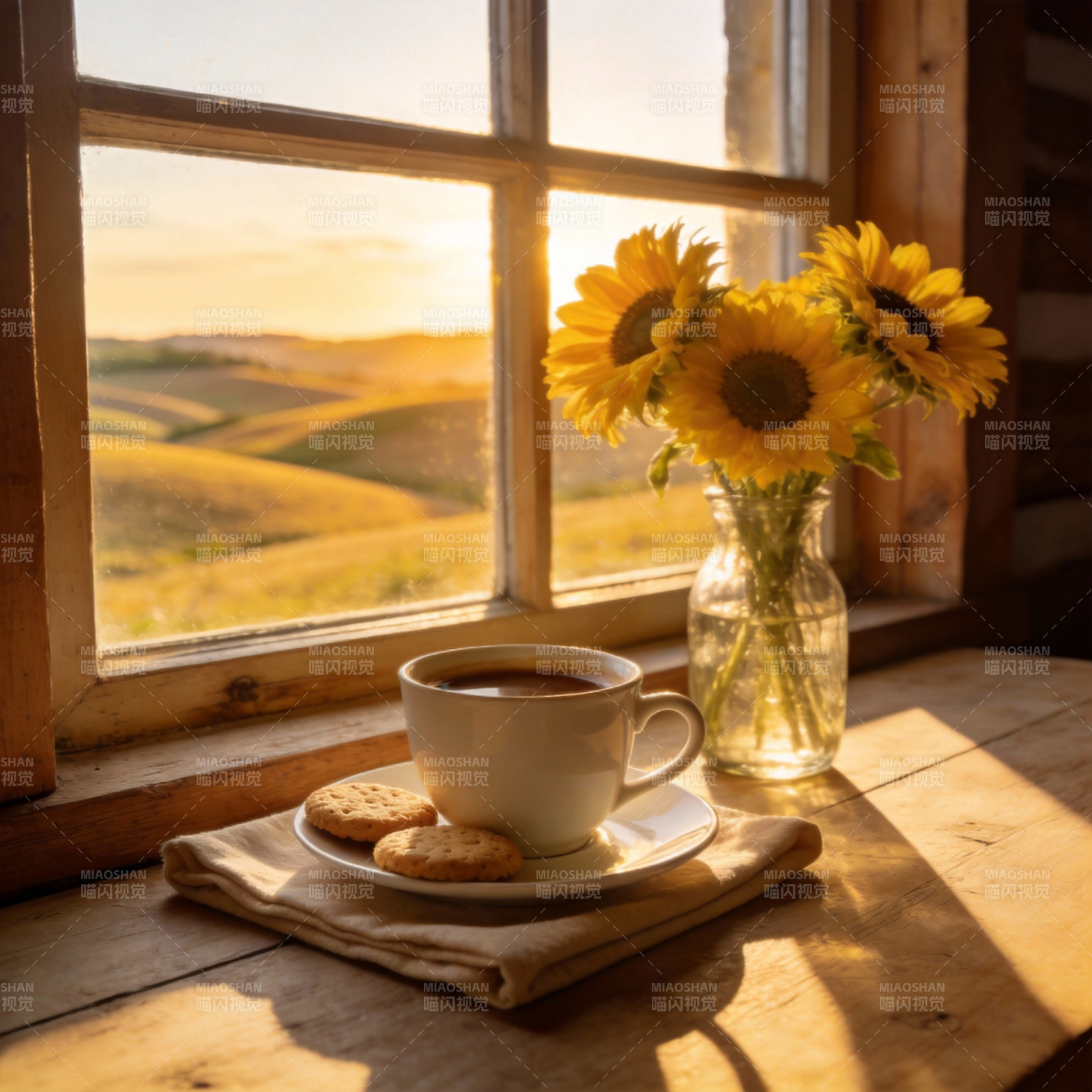 窗边咖啡与向日葵图片