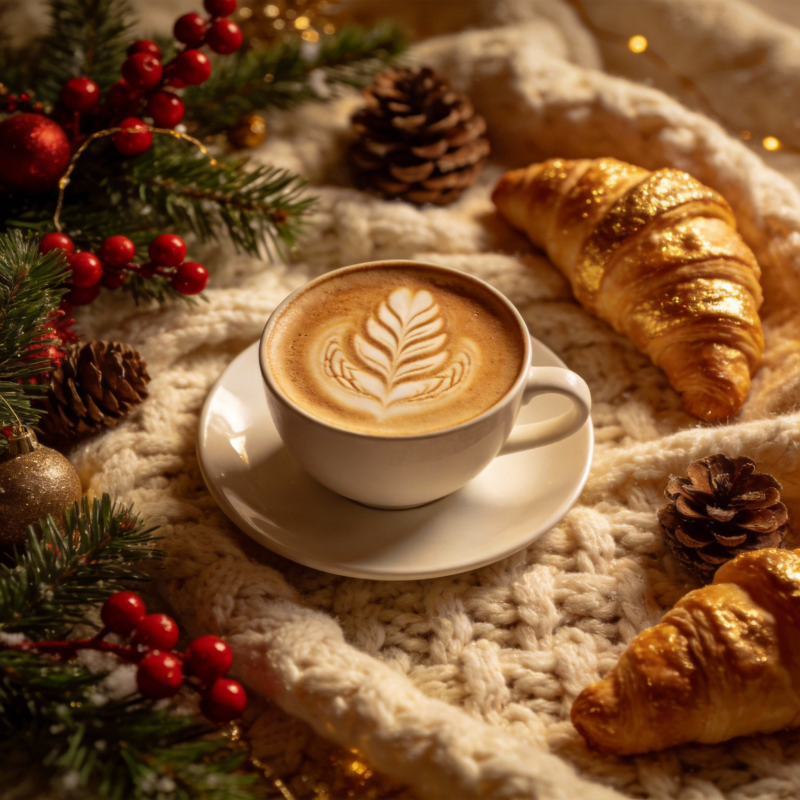 圣诞咖啡与羊角面包图片