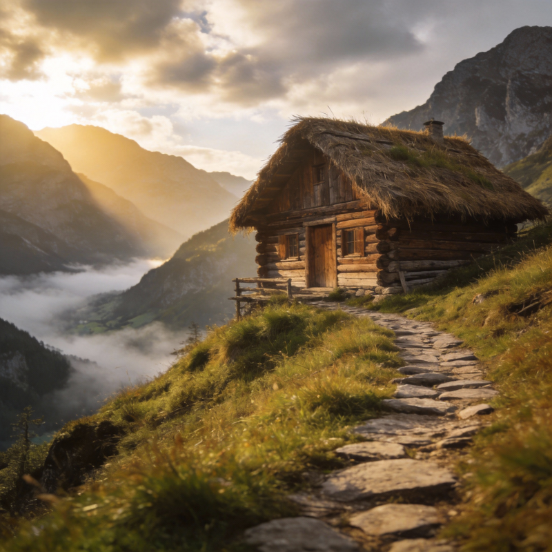 山间小屋晨曦图片