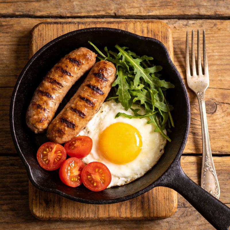 煎蛋香肠配蔬菜图片