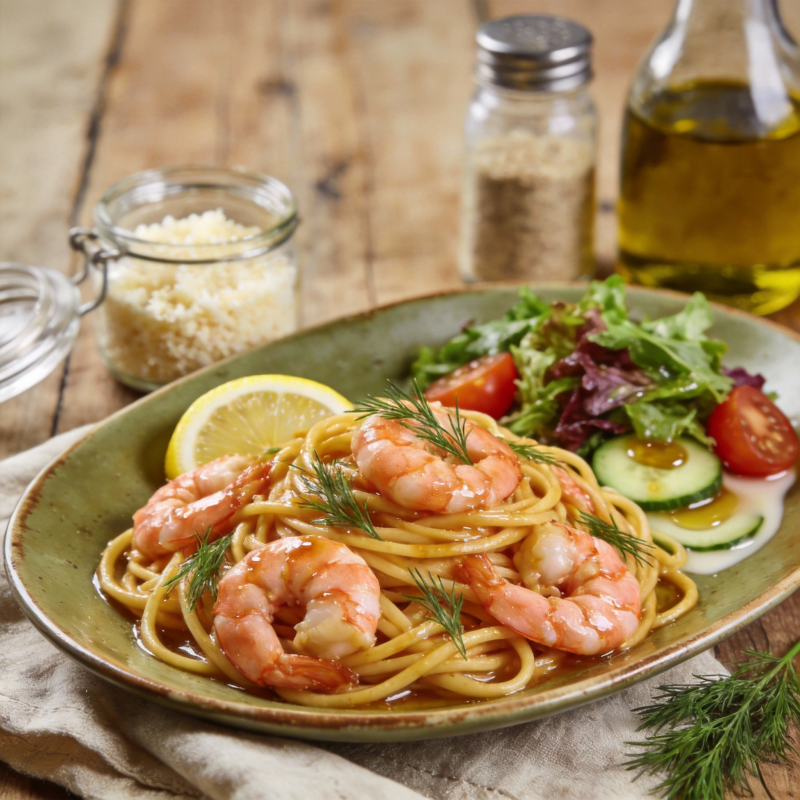 虾仁意面配沙拉图片