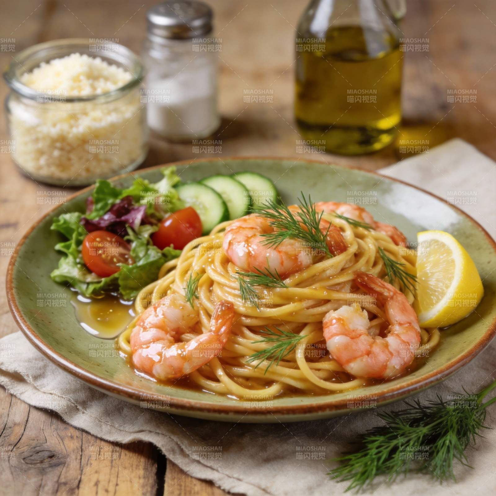 虾仁意面配柠檬图片
