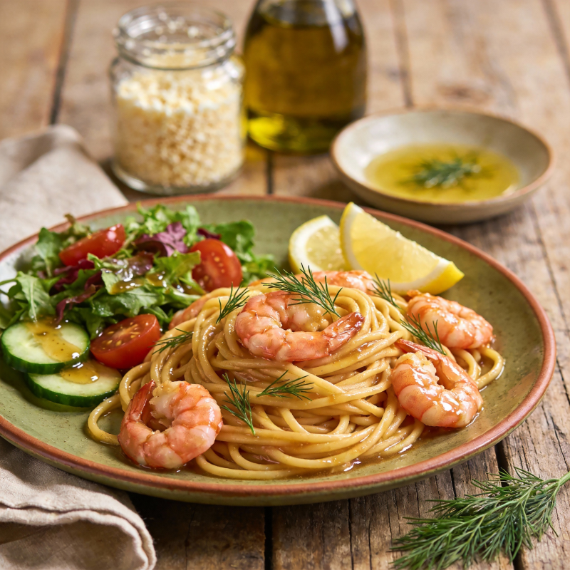 虾仁意面配沙拉图片