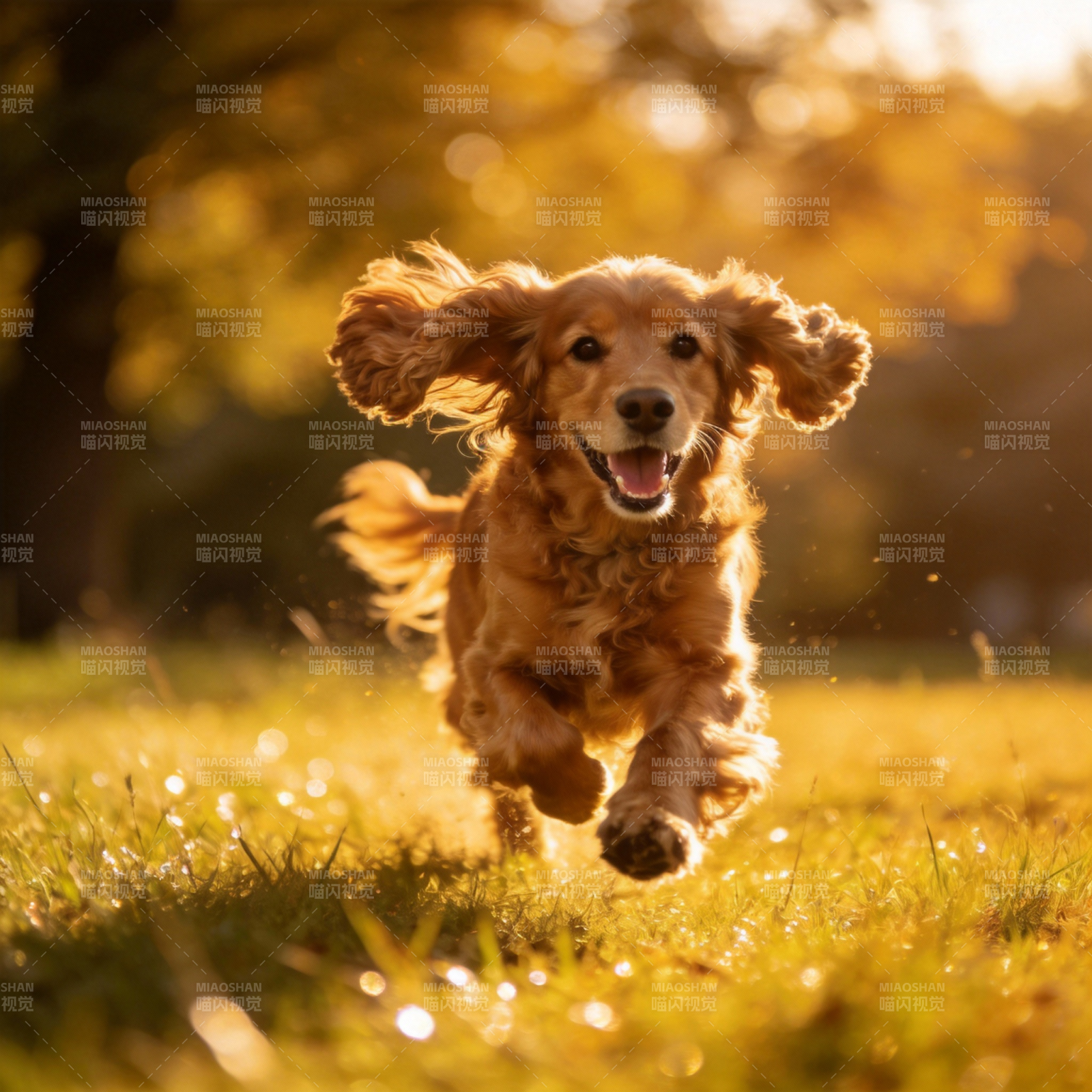 金毛奔跑在秋日草地上图片