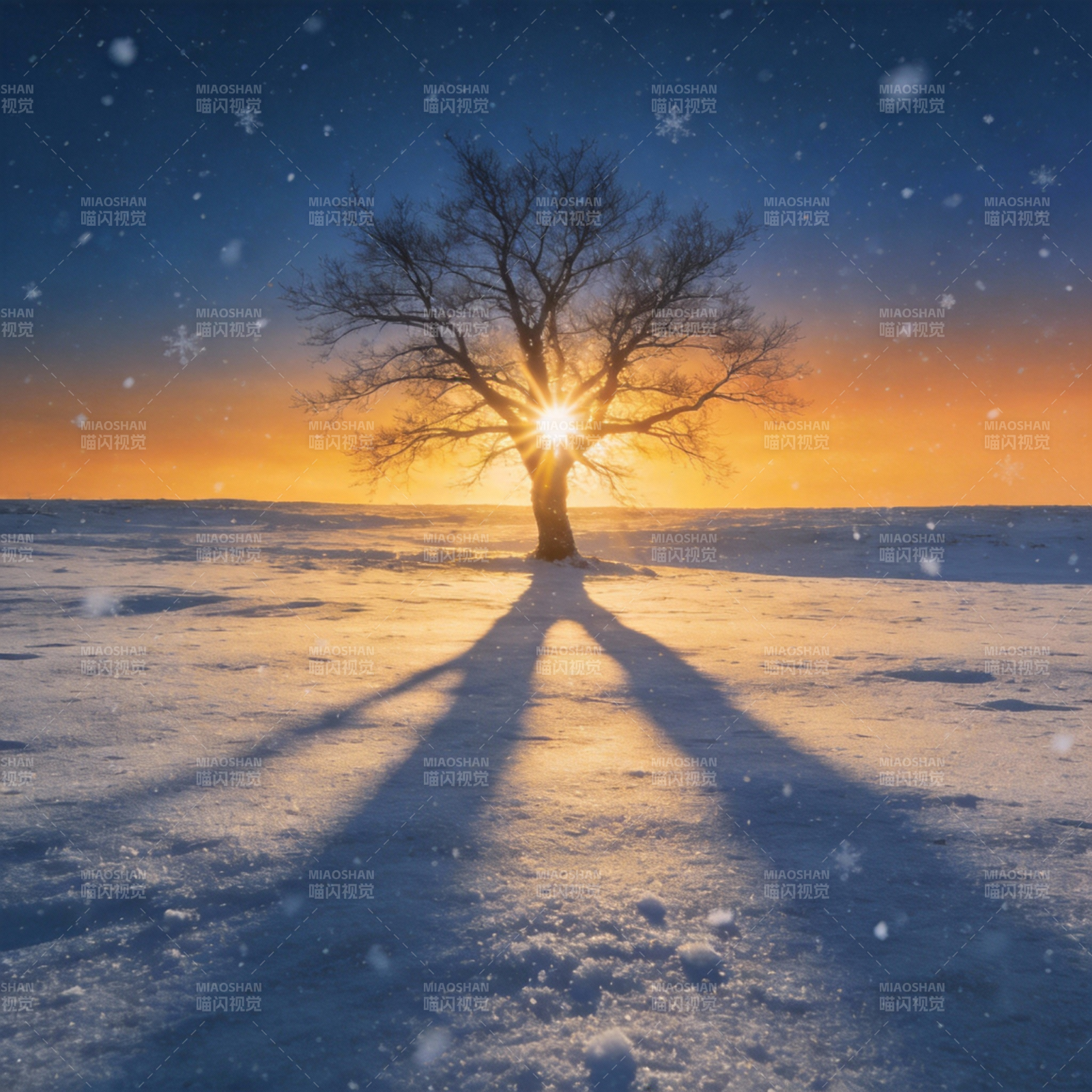 雪地孤树迎日出图片