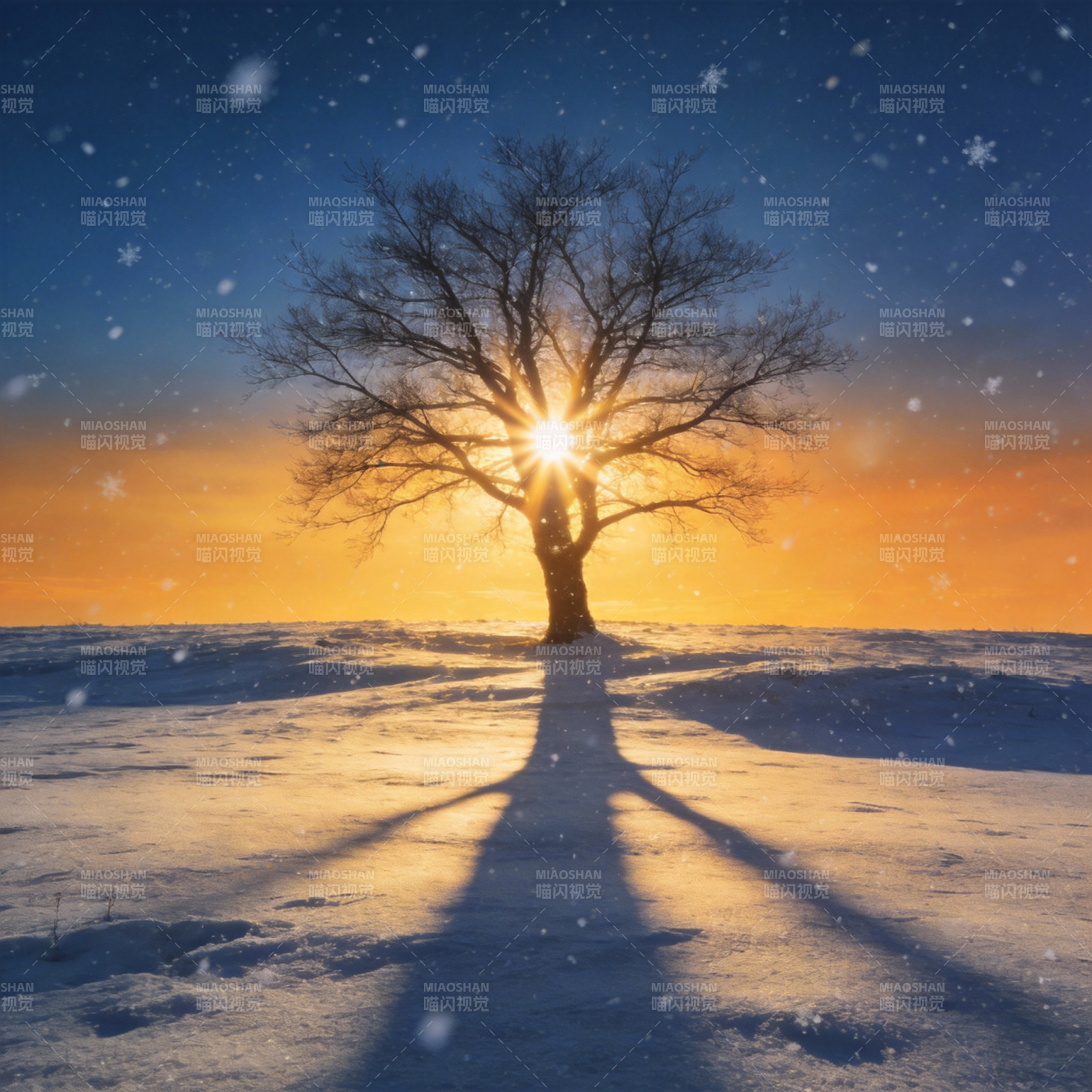 雪原孤树映斜阳图片