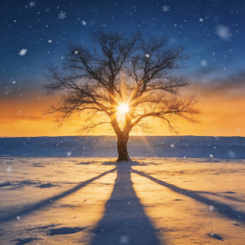 雪地孤树迎朝阳图片