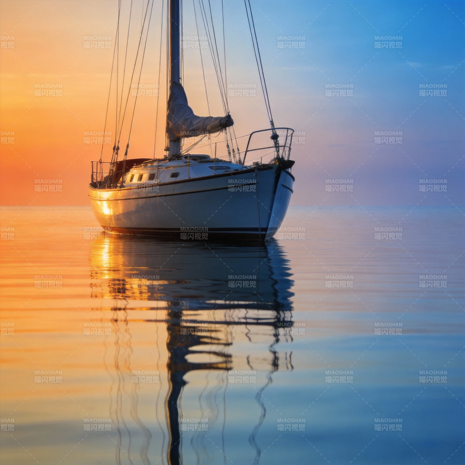 夕阳下的帆船静泊图片