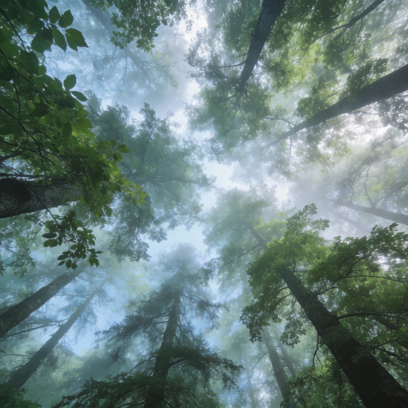 雾中森林仰望图片