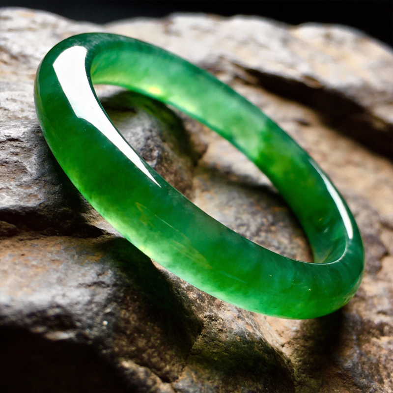 翠绿玉镯静置石上图片